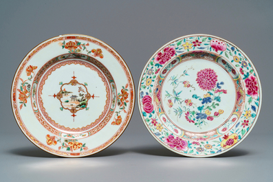 Six various Chinese famille rose, verte and grisaille plates, Yongzheng/Qianlong