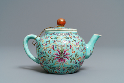 A Chinese turquoise-ground famille rose teapot, Jiaqing mark, Republic, 20th C.