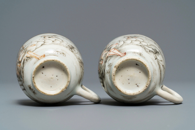 Cinq tasses et soucoupes et une th&eacute;i&egrave;re en porcelaine de Chine famille rose et grisaille, Yongzheng/Qianlong