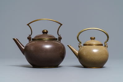Two Chinese Bencharong Thai market polished Yixing stoneware teapots, 19th C.