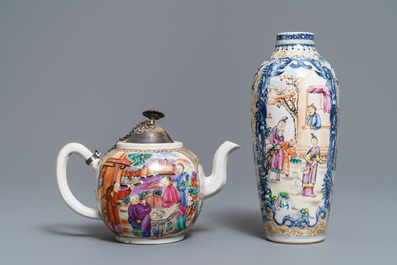 Elf Chinese famille rose koppen, acht schotels, een theepot en een vaas met mandarijns decor, Qianlong