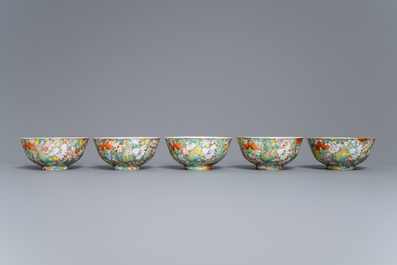 Five Chinese famille rose 'millefleurs' bowls, Qianlong mark, Republic, 20th C.