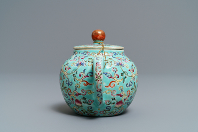 A Chinese turquoise-ground famille rose teapot, Jiaqing mark, Republic, 20th C.
