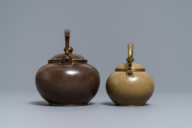 Two Chinese Bencharong Thai market polished Yixing stoneware teapots, 19th C.