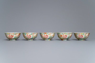Five Chinese famille rose 'millefleurs' bowls, Qianlong mark, Republic, 20th C.