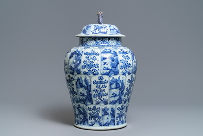 A large Chinese blue and white 'landscape' vase and cover, Kangxi
