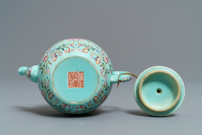 A Chinese turquoise-ground famille rose teapot, Jiaqing mark, Republic, 20th C.