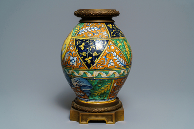 A bronze-mounted Italian maiolica pharmacy jar with a fine portrait, Faenza, 16th C.