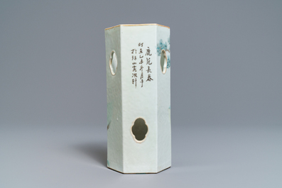 A Chinese reticulated hexagonal qianjang cai hat stand, signed Yu Huanwen, dated 1895