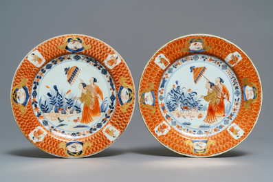 Zes Chinese Imari-stijl borden naar Cornelis Pronk, 'De parasoldames', Qianlong, ca. 1736-1738