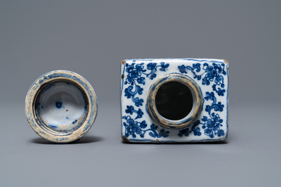 A Dutch Delft blue and white tea caddy with screw cap, late 17th C.
