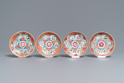 Four Chinese famille rose cups and saucers with animals, Qianlong