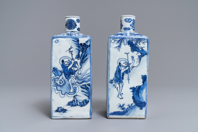 A pair of square Chinese blue and white 'immortals' tea caddies, Wanli
