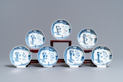 Six Chinese blue and white cups and seven saucers with gilded design, Kangxi/Yongzheng