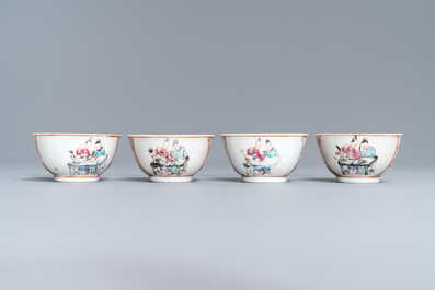 Four Chinese famille rose 'mandarin' cups and saucers, Qianlong