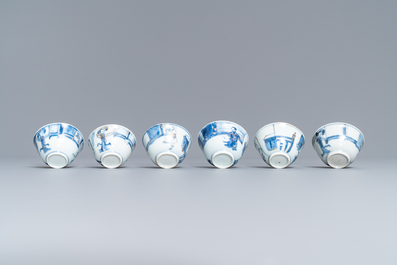 Six Chinese blue and white cups and seven saucers with gilded design, Kangxi/Yongzheng