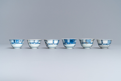 Six Chinese blue and white cups and seven saucers with gilded design, Kangxi/Yongzheng