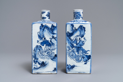A pair of square Chinese blue and white 'immortals' tea caddies, Wanli