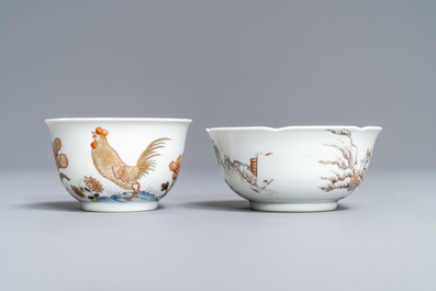 Two Chinese grisaille and gilt eggshell cups and saucers, Yongzheng