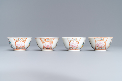 Four Chinese famille rose 'mandarin' cups and saucers, Qianlong