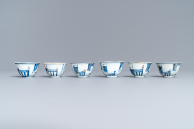 Six Chinese blue and white cups and seven saucers with gilded design, Kangxi/Yongzheng