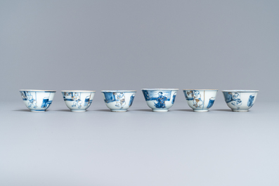 Six Chinese blue and white cups and seven saucers with gilded design, Kangxi/Yongzheng