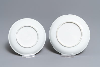 Two Chinese grisaille and gilt eggshell cups and saucers, Yongzheng