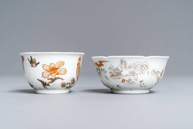 Two Chinese grisaille and gilt eggshell cups and saucers, Yongzheng
