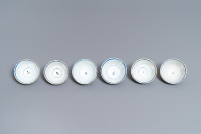 Six Chinese blue and white cups and seven saucers with gilded design, Kangxi/Yongzheng