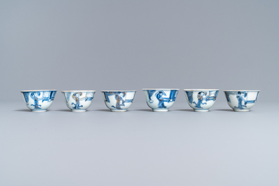 Six Chinese blue and white cups and seven saucers with gilded design, Kangxi/Yongzheng