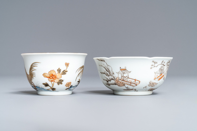 Two Chinese grisaille and gilt eggshell cups and saucers, Yongzheng