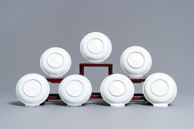 Six Chinese blue and white cups and seven saucers with gilded design, Kangxi/Yongzheng