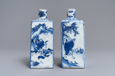 A pair of square Chinese blue and white 'immortals' tea caddies, Wanli