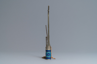 A Chinese inscribed paktong metal and enamel water pipe, 19th C.