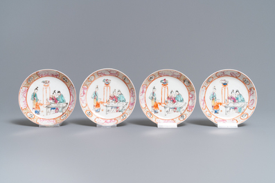 Four Chinese famille rose 'mandarin' cups and saucers, Qianlong