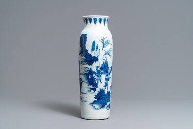 A Chinese blue and white sleeve vase with figural design all-round, Transitional period