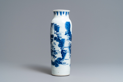 A Chinese blue and white sleeve vase with figural design all-round, Transitional period