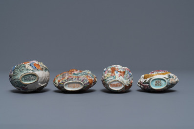 Four Chinese famille rose porcelain relief-decorated snuff bottles, 19th C.