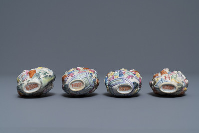 Four Chinese famille rose porcelain relief-decorated snuff bottles, 19th C.