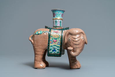A large Chinese famille rose elephant candle holder, Jiaqing