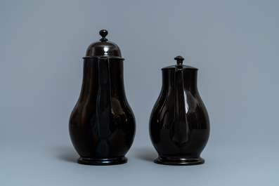 Four silver-mounted Namur black-glazed pottery coffeepots and a teapot, 18th C.