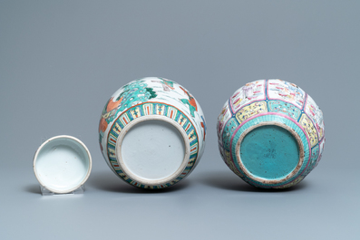 A Chinese famille rose relief-decorated jar and a famille verte jar with cover, 19th C.