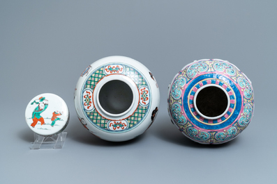 A Chinese famille rose relief-decorated jar and a famille verte jar with cover, 19th C.