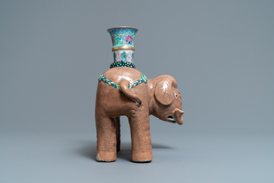 A large Chinese famille rose elephant candle holder, Jiaqing