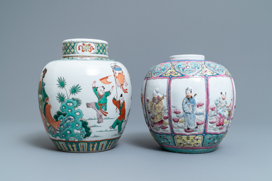 A Chinese famille rose relief-decorated jar and a famille verte jar with cover, 19th C.