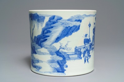 A large Chinese blue and white brush pot, bitong, Transitional period