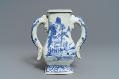 A Chinese blue and white chilong-handled vase, Kangxi