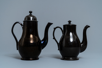 Four silver-mounted Namur black-glazed pottery coffeepots and a teapot, 18th C.
