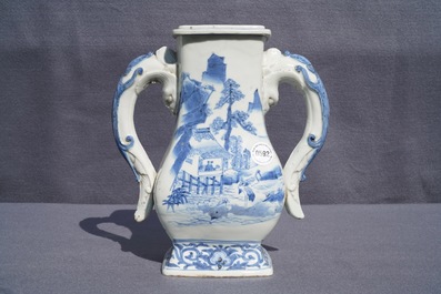 A Chinese blue and white chilong-handled vase, Kangxi