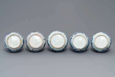 Five Chinese blue and white bottle vases, Wanli